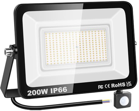 YOJZMA LED Strahler mit Bewegungsmelder Außen, 200W 20000LM, 3000K Warmweiß | ohne Stecker, PIR, IP66 Wasserdichte, Sicherheitsleuchten, Flutlicht für Garten Garage Hof Sportplatz Terrasse Gehweg Veranda