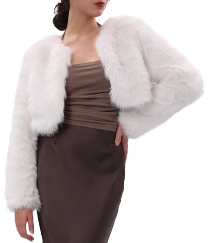Amazhiyu Manteau en fausse fourrure pour femmes, veste d'hiver courte à manches longues, col rond uni ouvert sur le devant, cardigan chaud en peluche à poils longs en fourrure artificielle, blanc, L