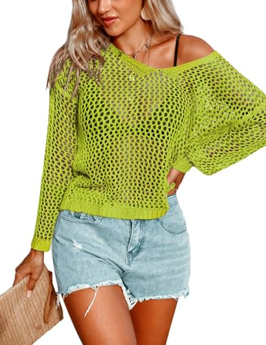 AI'MAGE Top da donna all'uncinetto a maniche lunghe scava fuori nuoto copertura fino 2024 spiaggia bikini costume da bagno estivo tunica top, Verde limone., M