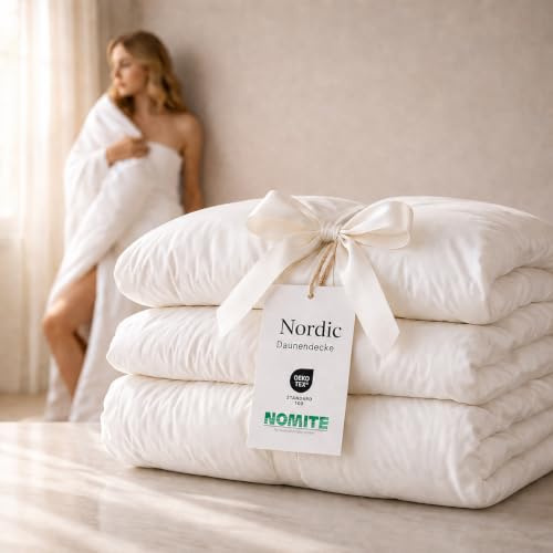 QUQON® Nordic Daunendecke – Handverlesene Daunen&Federn | 140x200 cm | Warm (740g) Winterdecke | Oeko-TEX® & NOMITE Zertifiziert