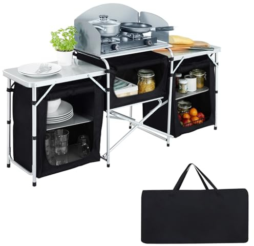 Warmiehomy Folding Camping Table Camping Storage Cupboard Portable Camping Kitchen Unit with Aluminium Frame, 3 cupboards+1 panel,175×40×110cm