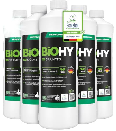 BiOHY Spülmittel Plus (6 x 1 Liter) | Bio Flüssig-Konzentrat für Geschirr mit EU Ecolabel | Extra Kraftvoller Fettlöser| Ideal für Spülmittelspender | Umweltfreundlich & Biologisch Abbaubar