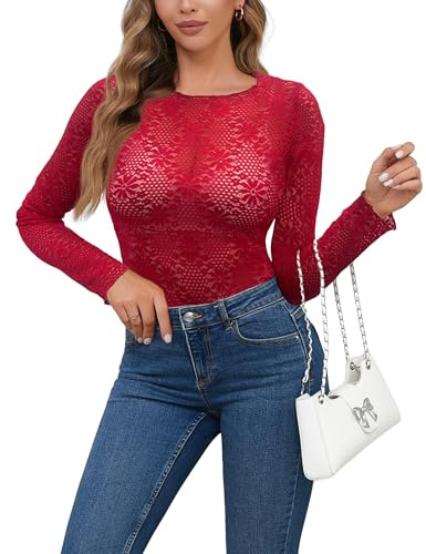 Nätöverdelar, transparent spets, nättopp, sexig nättopp, långärmad skjorta, transparent blommönster, blus, toppar, Y2K Rave outfit, röd, XXL