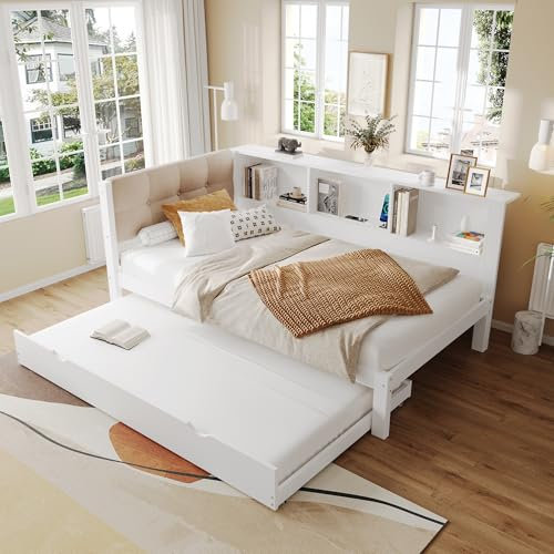 Dolamaní Tagesbett Ausziehbar 90x200 cm mit Dimmbarer LED-Leiste & praktischem Regal & USB-Anschluss & Polster Kopfteil & Lattenrost, Einzelbett, Holzbett, Ausziehbett (Weiß)