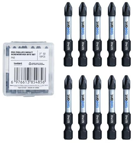 toolant PH2 Phillips Impact Bit Set, 2 Inch, 10-Piece, Magnetic | Anti-slip Phillips tips, magnetic fastener retention, CNC-machined profile, S2 alloy steel, impact-driver use