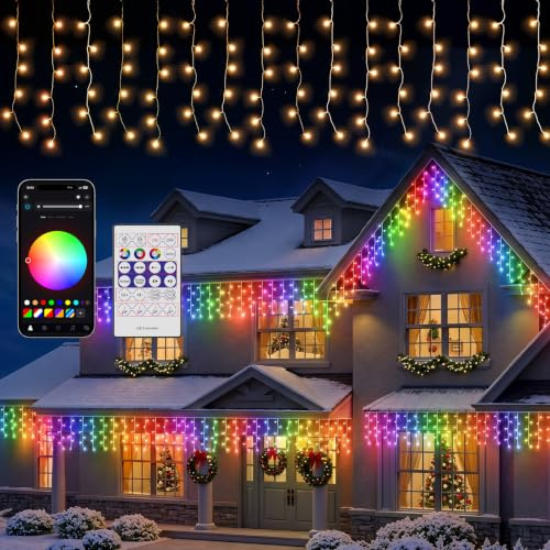 Quntis Smart Christmas Icicle Lights Outdoor with App Remote Control, 5m 204 LED RGBIC Curtain Lights 16 Million Colors, 60+ Dynamic Modes, Music Sync，IP44 Linkage Control String Lights Mains Powered