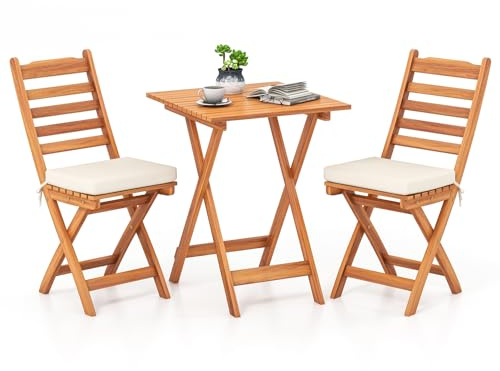 GIANTEX Juego de Bistró 3 Piezas Plegables, Mesa Cuadrada y 2 Sillas de Madera de Acacia con 2 Cojines de Asiento Desmontables, Conjunto de Muebles para Jardín, Balcón, Patio (Listones Horizontales)
