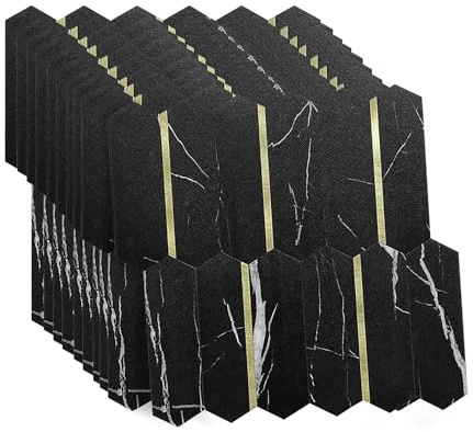 Selbstklebende Mosaikfliesen Hexagon 27x27cm – 10 Stück – PVC Aluminium Fliesenaufkleber – Küchenrückwand Wandfliesen Bad Küche – Wasserdicht, Modern, 3D Optik (Marmor Schwarz Gold)