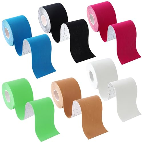 Druuzyl 6 Rouleaux Kinesio Tape, Bande de Kinésiologie de Sport, Bande Kinesiologie Tape 5m×5cm Respirant et Élastique Bande de Kinesiologie pour Genou, Exercice, Utilisation Quotidienne