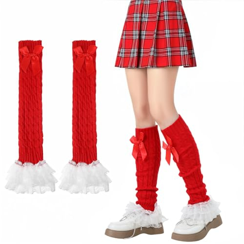 CIATBYYJ Damen Y2k Leg Warmers,Schleife Spitzen Gestrickte Beinstulpen,Warme Y2K Vintage Stulpen,Damenmode Langer Beinwärmer für Winter(Rot)