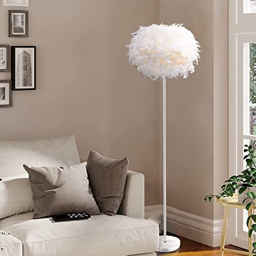 ELINKUME Lampe à plancher en plume pour salon,Lampe debout moderne avec interrupteur de pied,Lampe à plancher en plume blanche pour chambre à coucher,Bureau,Coin,Salle à manger(ampoule non incluse)