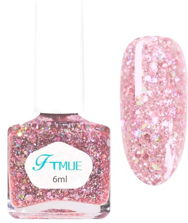 Glitter Nail Polish - Sparkle Pink Nail Polish - Sparkly Quick Dry Nail Varnish No UV Lamp - Long Lasting Holographic Nail Paint - High Glossy Shimmer nail polish For Women DIY Nails Art At Home