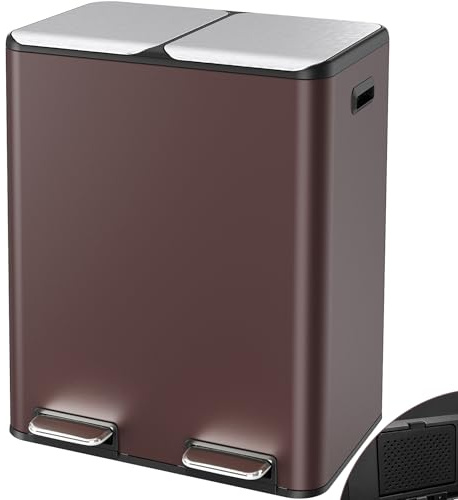 LIFERUN Mülleimer 2 Fächer 60L, 2 x 30 L Treteimer mit Geruchsfilter | Deckel Geräuschlos, Inneneimer aus Kunststoff, Mülltrennsystem, Metall Doppelter Abfalleimer für Küche Büro, Braun