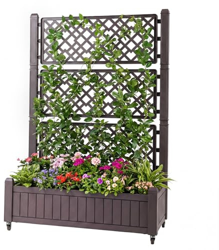 COSTWAY Jardinière avec Treillis Grillagé, Lit de Jardin Surélevé avec Drainage et Indicateur roulettes Verrouillables, Séparateur pour Légumes Plante Grimpante, pour Intérieur/Extérieur (Marron)