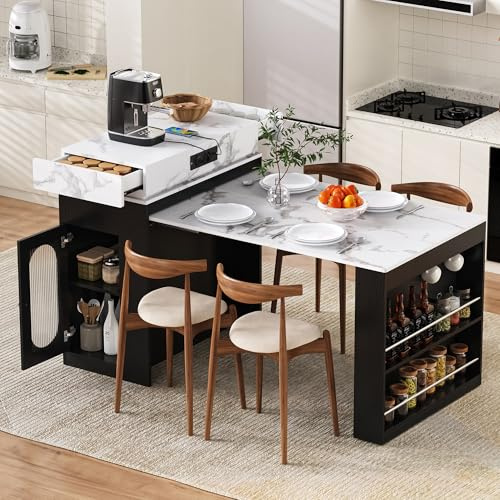 Bladez Isla de cocina moderna con superficie de mesa extensible y enchufes, isla de cocina con espacio de almacenamiento, armario de vidrio y ganchos, mesa de bar multifuncional o aparador para cocina