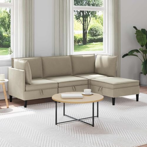 sephironlbb Wohnzimmergarnitur 4-teilig Sand Stoff Polstergarnitur mit Ottomane und Schlaffunktion, Ecksofa Couch mit Bettkasten für Wohnzimmer Gästezimmer und Jugendzimmer