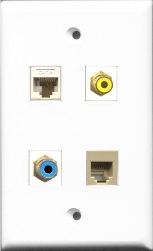 RiteAV 1 Port RCA Gelb und 1 Port RCA Blau und 1 Port Telefon RJ11 RJ12 Beige und 1 Port Cat6 Ethernet Wandplatte Weiß