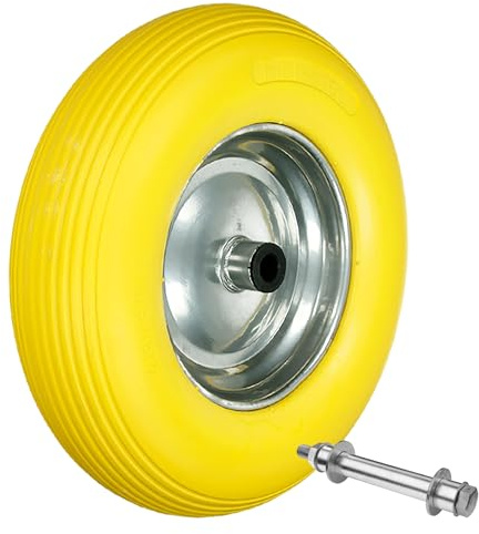 ECD Germany Schubkarrenrad aus pannensicherem PU Vollgummi, Ersatzrad Gummirad mit Achse, 4.80/4.00-8, Durchmesser 390 mm, Gelb, 200kg, Reifen mit Stahlfelge, PU Rad Reifen für Schubkarre Gartenkarren