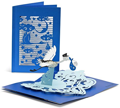 Glückwunschkarte zur Geburt mit extra Seite für Grüße - hochwertige Karte für Junge - blaue 3D Pop-Up Geburtskarte für Jungen mit Storch & Baby zur Gratulation