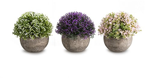 Opps Mini piante artificiali in plastica verde finto colorato fiore topiaria arbusti con vaso grigio per la decorazione della casa NEW08 - Set di 3