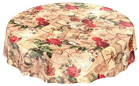 ANRO Tischdecke Wachstischdecke Wachstuch Wachstuchtischdecke Landhaus Rosen Briefe Rund 120cm abwaschbar wasserabweisend Gartentischdecke Meterware pflegeleicht Lotuseffekt