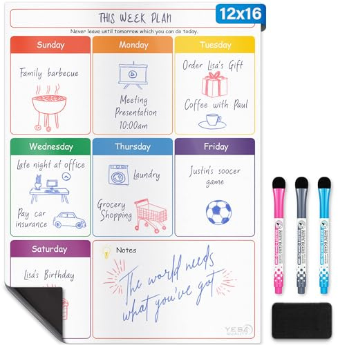 Magnetic Dry Erase Whiteboard Calendar for Fridge - A3 / 40 x 30 cm - Refrigerator White Board Sheet with 3 Colourful Markers & Eraser - Weekly Meal Planner & Organiser for Family - by Yes4Quality