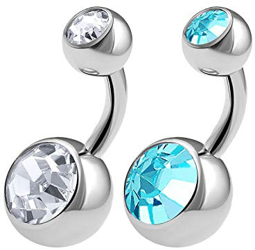 KJM FASHION 2 Stk Chirurgischer 316-l-stahl Bananenabel 1,6mm 14g 6mm 1/4 Klar Aquamarin Kristallkugel Nabel Banane Ohr Navel Barbell Piercing Schmuck 0562