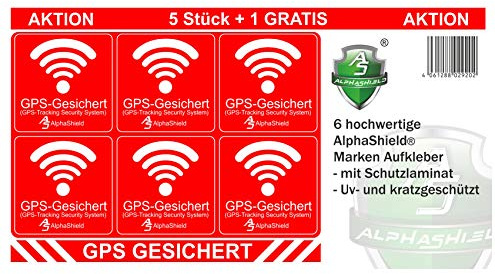 Finest Folia 6 Stück GPS Aufkleber Innen-oder Außenklebend Fahrrad Motorrad Baumaschinen Auto LKW Alarm Warnung Anti Diebstahl Sticker Tracker gesichert R047 (Innenklebend)