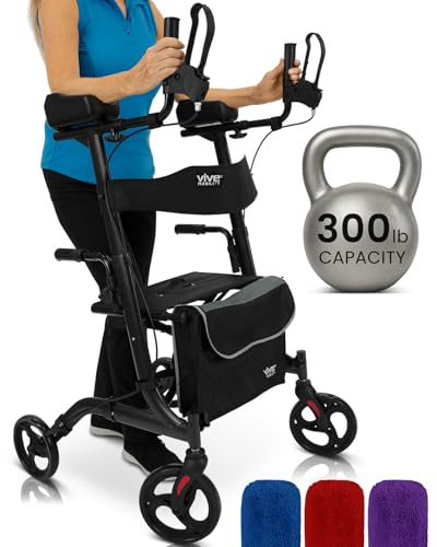 Vive Mobility Upright Walker with Seat - Stand Up Rollator, Arm Rests, Heavy Duty, Folding Medical Aid Scooter for Elderly, Seniors - Walking Assist, Foldable Transport Chair - 300 lb Capacity