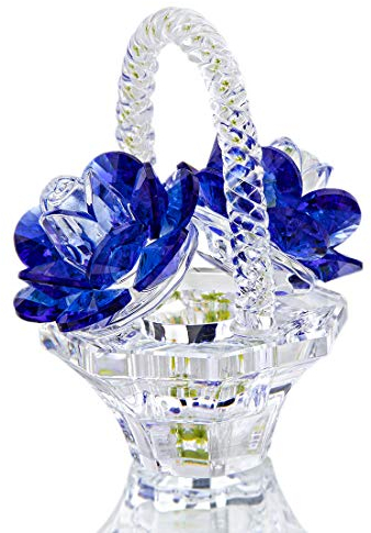 H&D HYALINE & DORA Crystal Rose Flower Basket Figurine, Glass Rose Figurines Ornament Collectibles, Home Decoration Wedding (Blue)