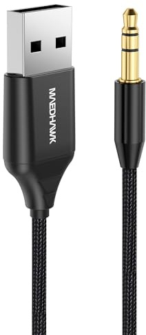 MAEDHAWK Bluetooth Aux Adapter Bil, 3,5 mm Aux Bluetooth-mottagare med mikrofon BT 5.3 USB till Jack Audio Adapter för bilstereo hörlurar Högtalare (60 cm linje, handsfreesamtal, automatisk ström på)