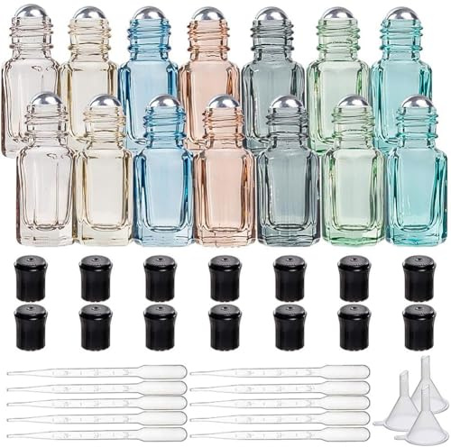 BENECREAT 14 Packungen 3ml Mehrfarben Rollenflasche mit ätherischen Ölen aus Mini Glas mit Kosmetikfläschchen mit Öffner, Tropfer und Trichter für die Aromatherapie mit ätherischen Ölen