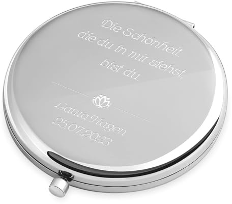 Maverton Kompaktspiegel mit Gravur - Spiegel rund - Silber - Doppelspiegel mit Vergrößerung - Reisespiegel für Handtaschen - Geschenke für Frauen