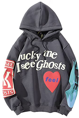 IFIKK Felpa con Cappuccio Uomo Sweatshirts Felpa da Uomo Hoodie Maniche Lunghe Felpa con Cappuccio Lucky Me I See Ghosts Pullover Hip Hop Abbigliamento Felpe Tops (Stampa Frontale Grigia, XS)