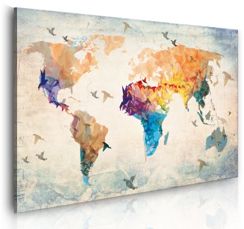 B&D XXL - Akustikbild abstrakte Weltkarte Bilder Akustikschaum Hochleistungsschallabsorber Schallschutz Leinwand 1 tlg Wandbild Raumakustik Schalldämmung Landkarte Worldmap Origami