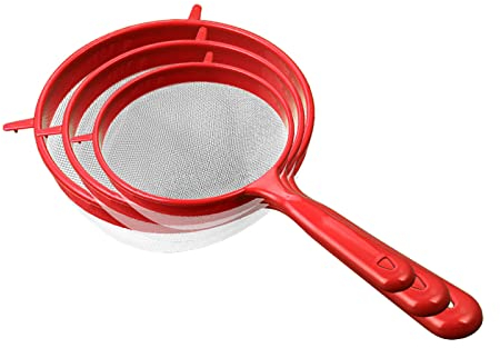 Küchensieb Set Sieb Set 3 Größen Kunststoff Sieb feinmaschig 8/11 /14cm, für Küche Mehl -Quinoa Reis Nudeln Puderzucker und Mehr mit Verstärktem -Griff geschaffen,Haushaltssieb (Rot, Einheitsgröße)