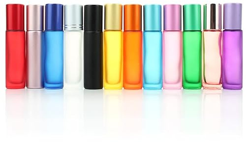 12 st 10 ml färgglada frostade rullflaskor för eteriska oljor i glas, tomma behållare med boll i rostfritt stål för eteriska oljor, parfymer och läppbalsam (blandad färg)