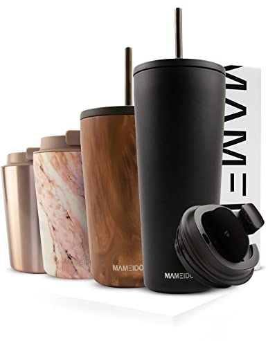 MAMEIDO Thermobecher mit Strohhalm 470ml, Trinkbecher mit Deckel und Strohhalm aus Edelstahl doppelwandig isoliert, auslaufsicher, Coffee to go Becher (Rich Black, 0,47l)