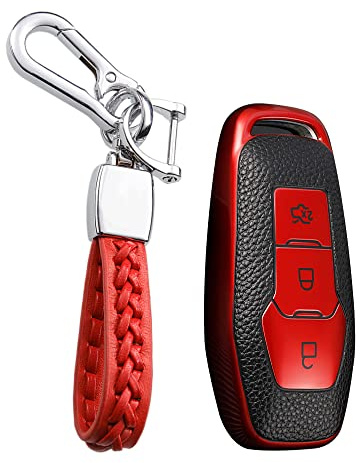 KUNIO Autoschlüssel Schutzhülle Passt für Ford Escort Focus 3 4 ST Mondeo 5 MK5 Mustang F-150 Explorer TPU Leder-Textur Schlüsselanhänger Schlüsselbund Schlüsselcover 3 Tasten Rot