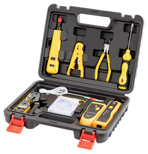 Gaobige Kit de herramientas de red, kit de herramientas de crimpado RJ45, crimpadora de paso Cat6 Cat5 Cat5e, rastreador de cables, herramienta de perforación 110/88, pelador, cortador, conectores de