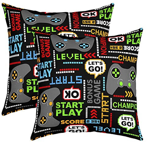 Pack of 2 Gamer Decorative Throw Pillow Covers Soft Gaming Gamepad Square Cushion Case Set for Living Room Game Room Decor Colorful Game Console Controller Pillow Cases Pillowcases 18x18 Inch