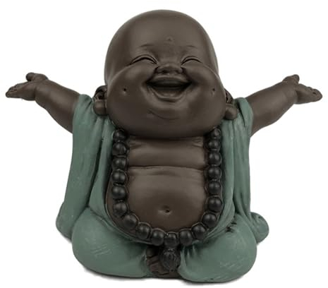 Lachender Buddha Willkommen - Glücksbringer Statue - Zen und Feng Shui Dekoration - für eine entspannende und spirituelle Atmosphäre - Geschenkidee - Breite: 9cm - Farbe: Grün und Braun - Zen'Light