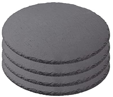 Plato Llano de Pizarra Natural, Fuentes de Cocina, Platos para Sushi, Plato de Pizarra, Bandejas para Servir Alimentos Quesos, Tapas Sushi, Negro, Tablas de Piedra Redonda 33 cm - 4 Unidades