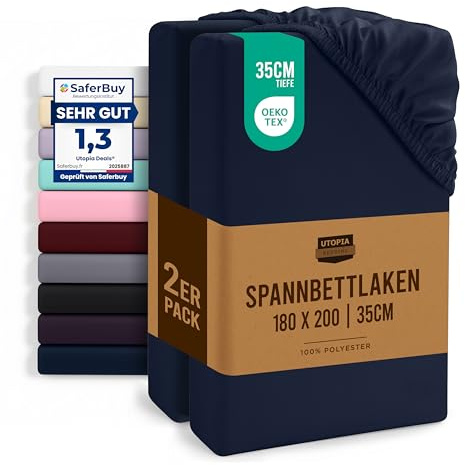 Utopia Bedding Set di 2 Lenzuolo con Angoli Due Piazze Matrimoniale - 180x200cm - Blu Navy - Microfibra Spazzolata - Lenzuolo Sotto con Angoli Elasticizzato