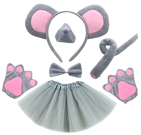 MIVAIUN 6 Pieces Animal Costume Set Mouse Ears Headband NoseTail and Bow Tie tutu skirt Animal Fancy Dress Halloween Cosplay Game Party Decoration Rat Theme Makeup Costume Accessories