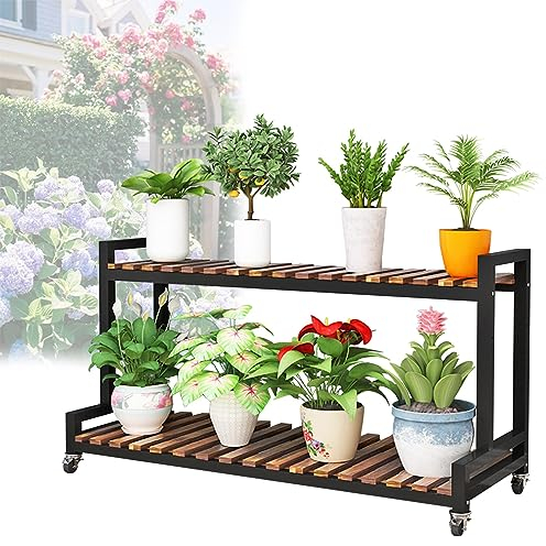 LIGUOYI Scaffale Porta Piante Con Struttura Di Metallo 80cm 100cm 120cm Porta Piante Vasi Scaffale 2 Livelli 3 Livelli Espositore Per Fiori Con Ruote, Scaffale A Scalas, Ripiani In Legno