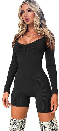 BKEPDY Jumpsuit Langarm Kurz Damen U-Ausschnitt Playsuits Lang Eng Sport Yoga Bodysuit Bodycon Strampler Sportkleidung Hosenanzug Trainingsanzug Stretch Overall Schwarz