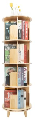 SuhoFutus 4 Ebenen 360° Drehendes Bücherregal, Boden-stehendes, Massivholz Standregal, Speicherregal für Multifunktionaler Bücherregal-Organizer, Zylindrisch,143x45x45cm