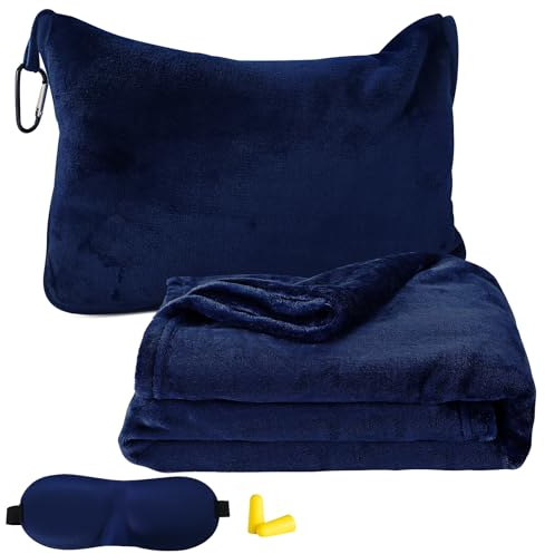 Bocguy Manta de Viaje 2 en 1, Manta de Viaje para Avión, Gadgets de Viaje con Antifaz para Dormir y Tapones para los Oídos, Manta Fina Portátil para Camping, Viajes, Azul Marino