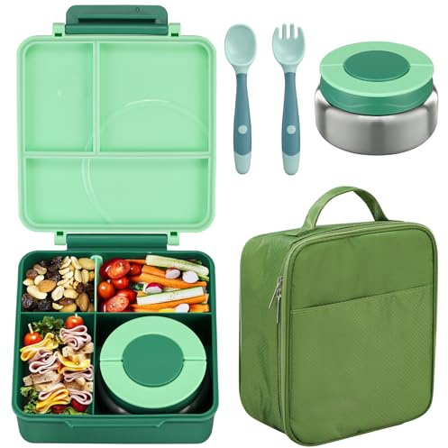 Bento Lunch Box Set for Kids with 8oz Soup Thermo, Leak-Proof Lunch Containers with 4 Compartment, Kids Thermo Hot Food Jar and Insulated Lunch Bag for Kid to School-Green
